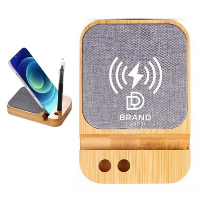 Bamboo Wireless Charging Phone Stand with Pen Holder