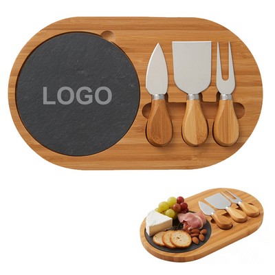 4-Piece Oval Cheese Slate and Wooden Board