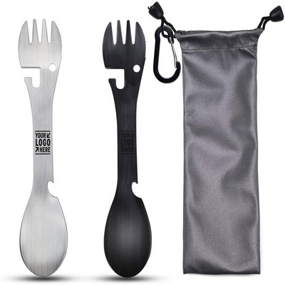 Camping Travel Utility Tactical 2 Pack 5-in-1 Stainless Steel Spork Spoon Bottle Opener Fork Knife