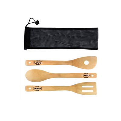 3-Pc Bamboo Kitchen Tool Set - Rectangular (Includes Mesh Storage Bag)