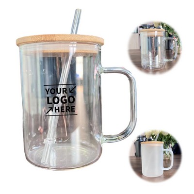 15oz Glass Cup W/ Bamboo Lid And Straw