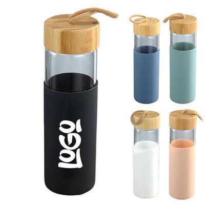 16oz Glass Water Bottle With Bamboo Lid And Silicone Sleeve
